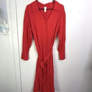 HM Dress Womens XL Red Button Up Shirt Dress Tie Waist Long Sleeve Midi Classy